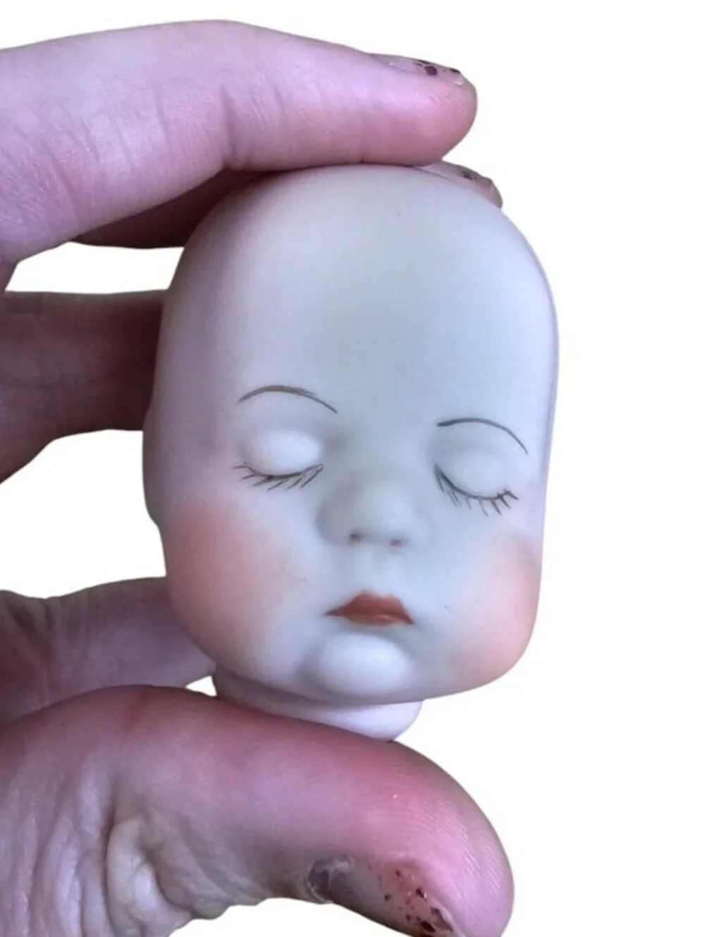 Vtg Hand Painted Bisque Doll Bust Head Small Sleeping Baby Closed Eyes Germany